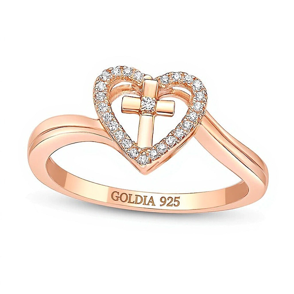 0.07 CT. TW Diamond Heart with Cross Bypass Ring in Sterling Silver with 18K Rose Gold Plate