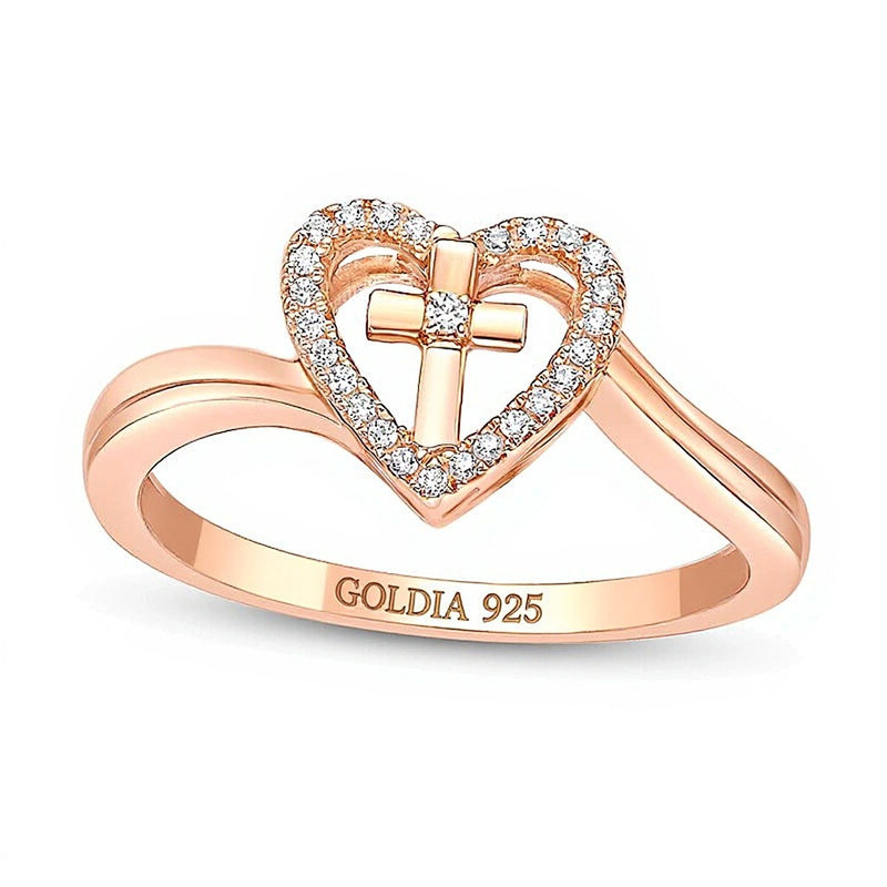 0.07 CT. TW Diamond Heart with Cross Bypass Ring in Sterling Silver with 18K Rose Gold Plate
