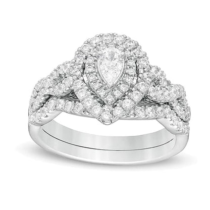 1.0 CT. TW Pear-Shaped Diamond Double Frame Twist Shank Bridal Set in 14K White Gold