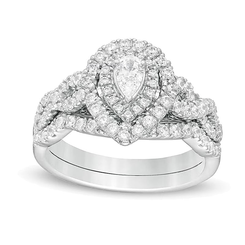 1.0 CT. TW Pear-Shaped Diamond Double Frame Twist Shank Bridal Set in 14K White Gold