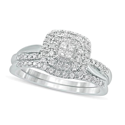 0.38 CT. TW Princess-Cut Quad Diamond Cushion Frame Bridal Set in 10K White Gold