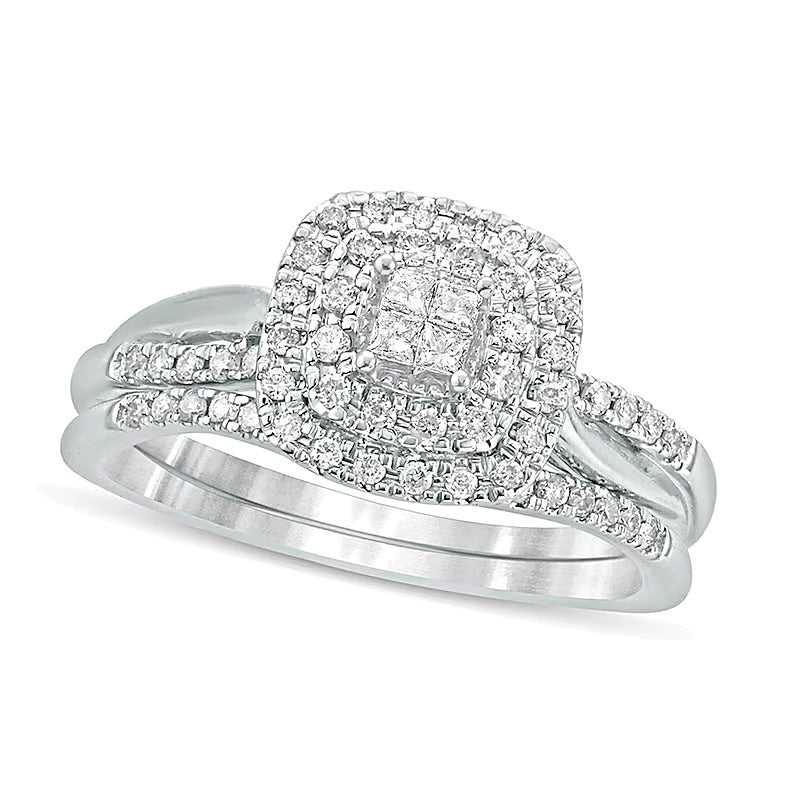 0.38 CT. TW Princess-Cut Quad Diamond Cushion Frame Bridal Set in 10K White Gold
