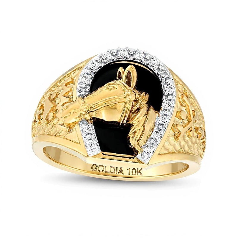 Onyx and 0.13 CT. TW Diamond Horse Nugget Ring in 10K Gold