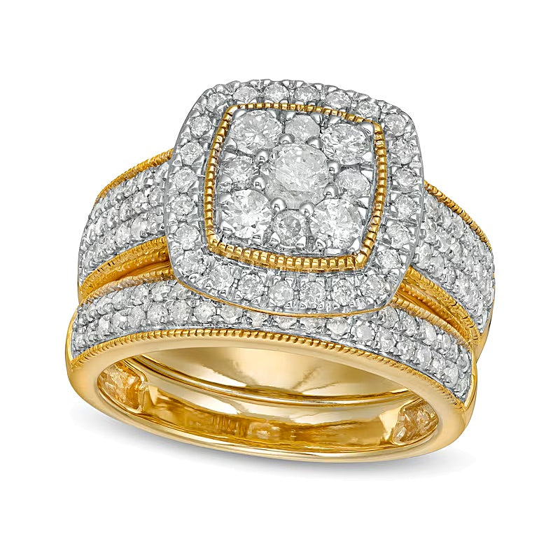 1.33 CT. TW Composite Cushion Diamond Frame Multi-Row Vintage-Style Bridal Set in 10K Gold