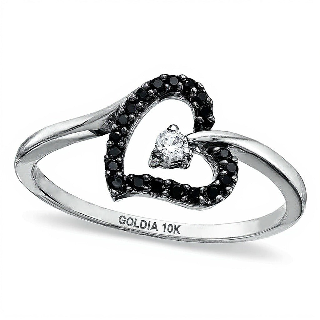 0.1 CT. TW Enhanced Black and White Diamond Tilted Heart Promise Ring in 10K White Gold