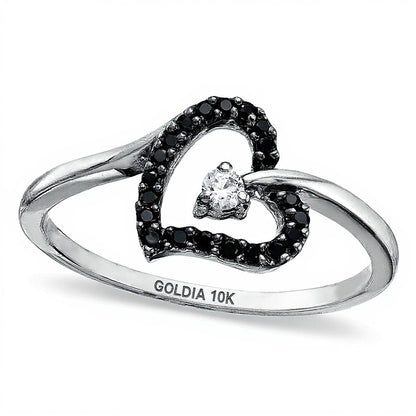 0.1 CT. TW Enhanced Black and White Diamond Tilted Heart Promise Ring in 10K White Gold