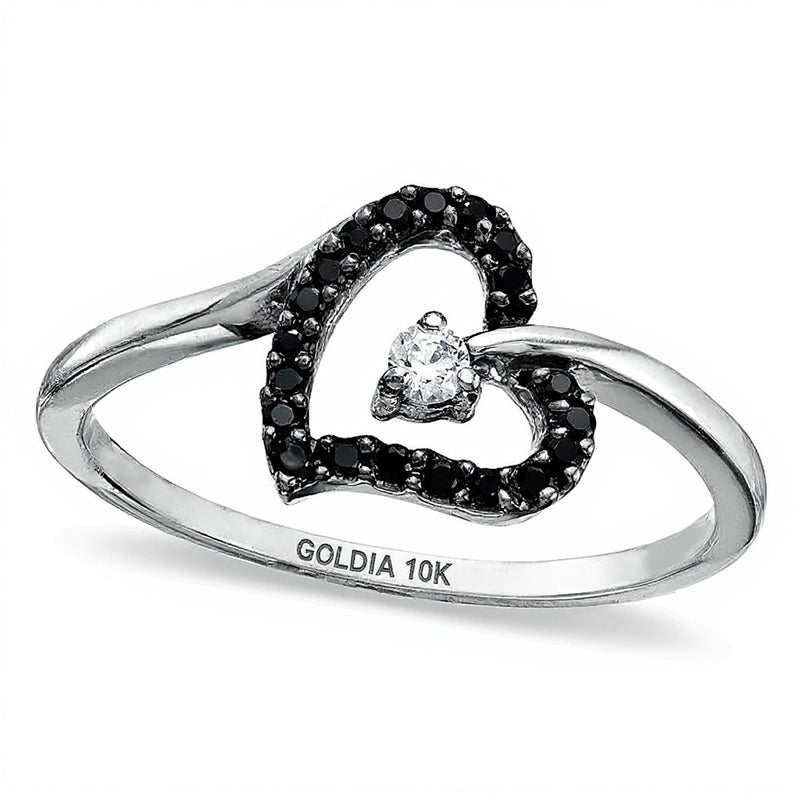 0.1 CT. TW Enhanced Black and White Diamond Tilted Heart Promise Ring in 10K White Gold