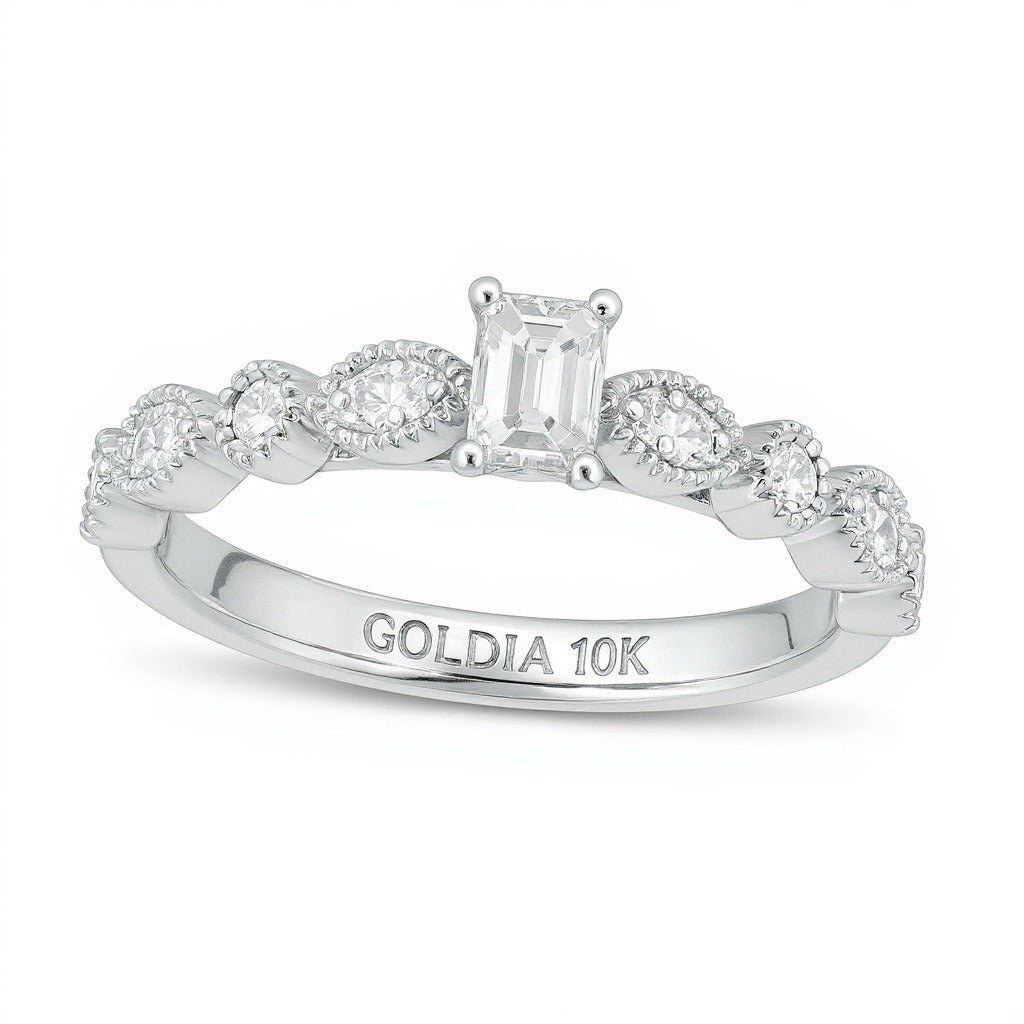 0.5 CT. TW Emerald-Cut Diamond wih Marquise Shapes Vintage-Style Engagement Ring in 10K White Gold