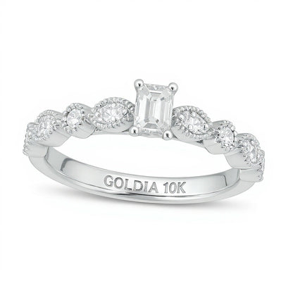 0.5 CT. TW Emerald-Cut Diamond wih Marquise Shapes Vintage-Style Engagement Ring in 10K White Gold
