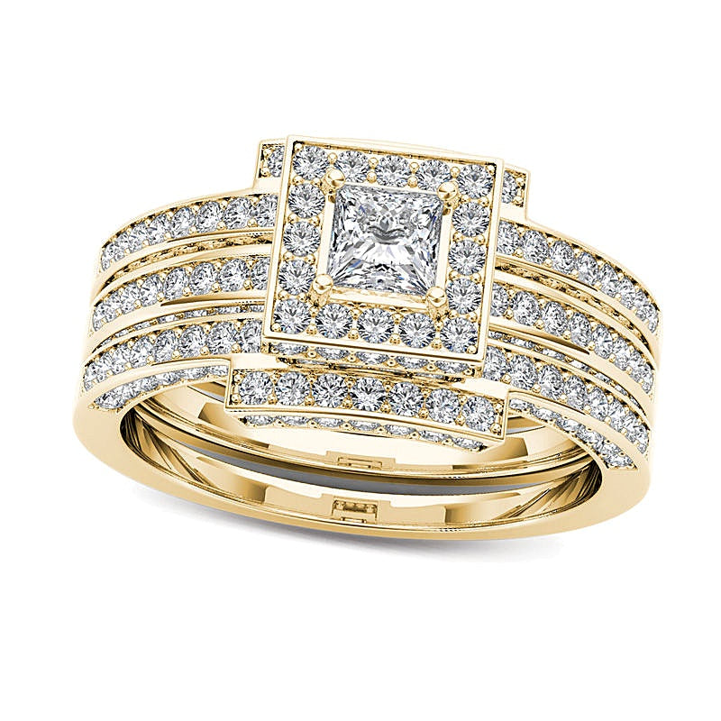 1.38 CT. TW Princess-Cut Diamond Frame Three Piece Bridal Set in 14K Gold