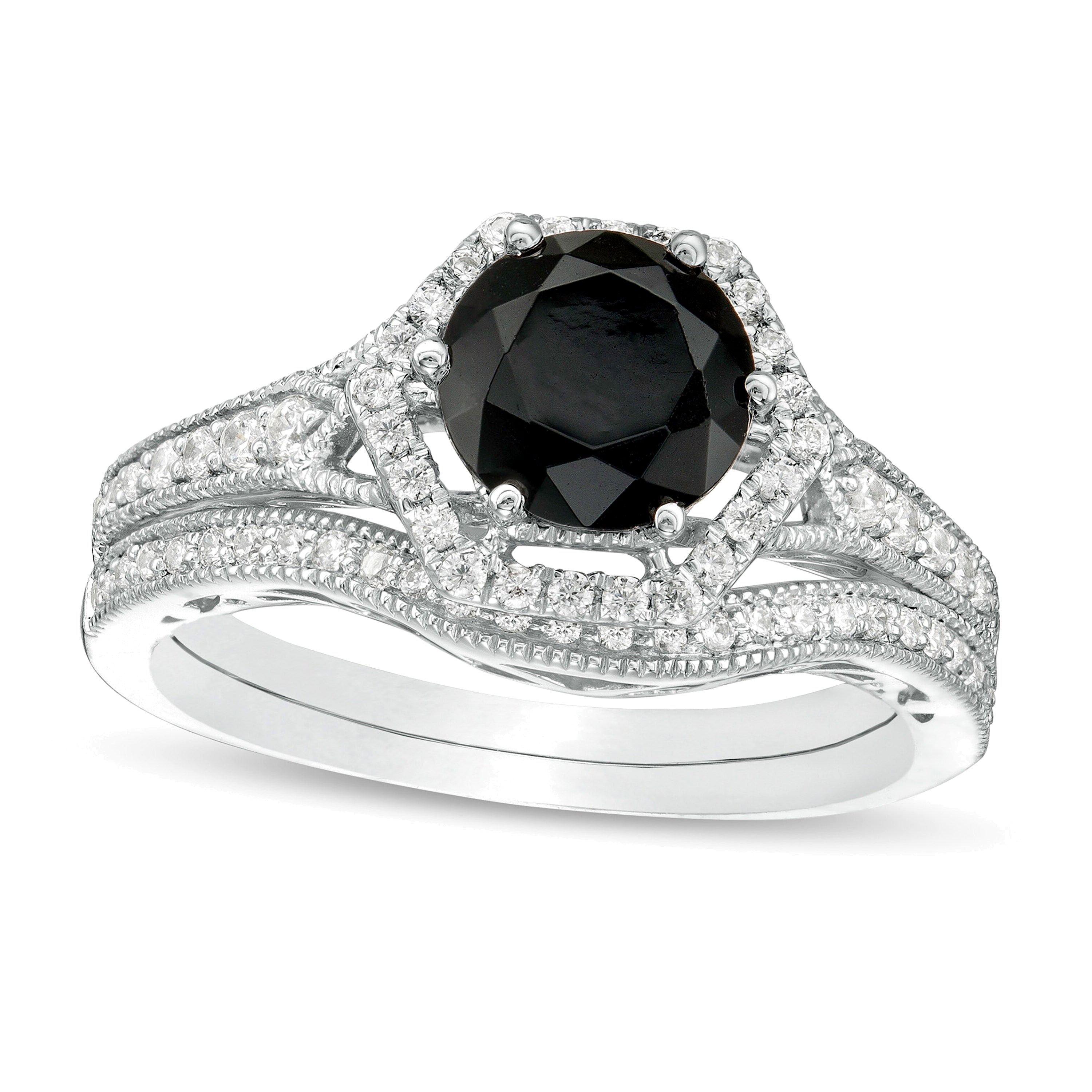 7.0mm Lab-Created Black Sapphire and 0.38 CT. TW Diamond Hexagonal Frame Vintage-Style Bridal Set in 10K White Gold