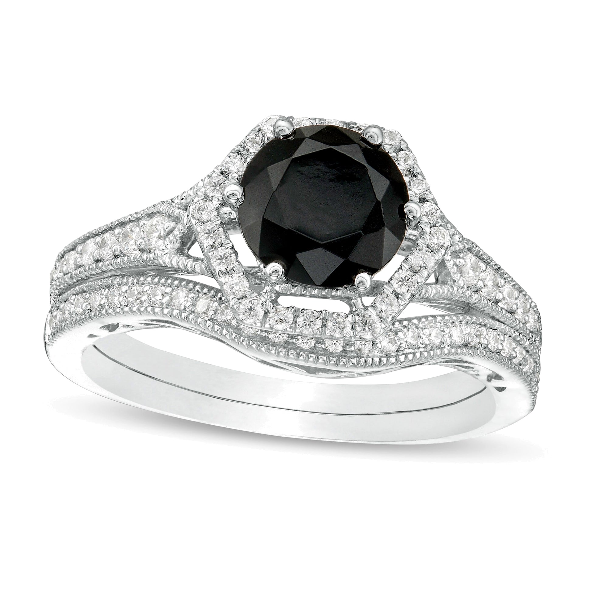 7.0mm Lab-Created Black Sapphire and 0.38 CT. TW Diamond Hexagonal Frame Vintage-Style Bridal Set in 10K White Gold