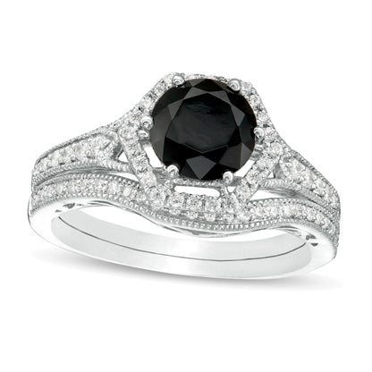 7.0mm Lab-Created Black Sapphire and 0.38 CT. TW Diamond Hexagonal Frame Vintage-Style Bridal Set in 10K White Gold