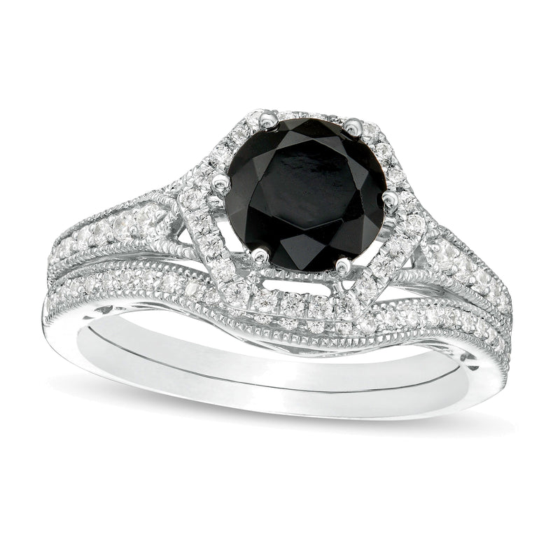 7.0mm Lab-Created Black Sapphire and 0.38 CT. TW Diamond Hexagonal Frame Vintage-Style Bridal Set in 10K White Gold