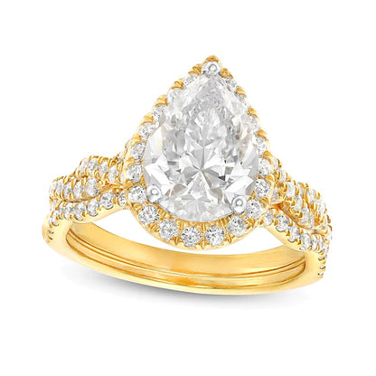 2.63 CT. TW Pear-Shaped Lab-Grown Diamond Frame Twist Shank Bridal Set in 14K Gold (I/SI2)