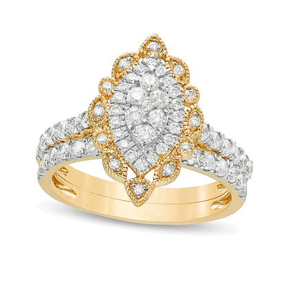 1.0 CT. TW Multi-Diamond Scallop Marquise Frame Vintage-Style Bridal Set in 10K Gold