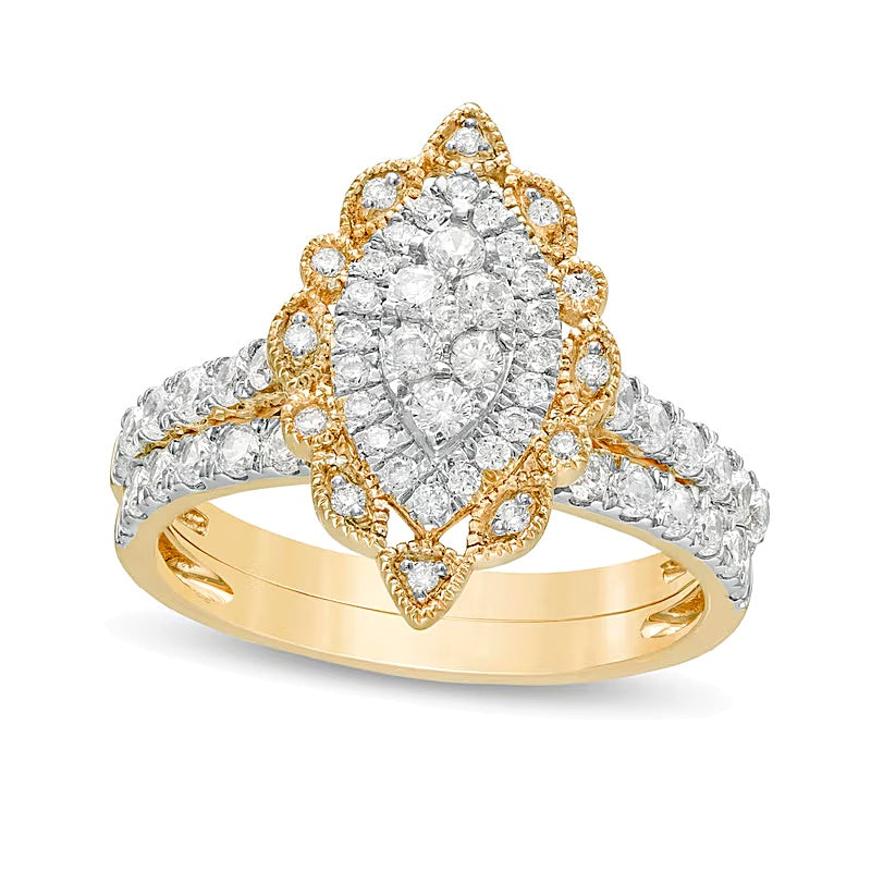 1.0 CT. TW Multi-Diamond Scallop Marquise Frame Vintage-Style Bridal Set in 10K Gold