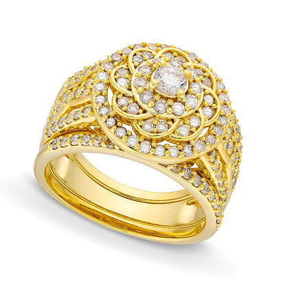 1.5 CT. TW Diamond Frame Celtic-Style Flower Bridal Set in 10K Gold