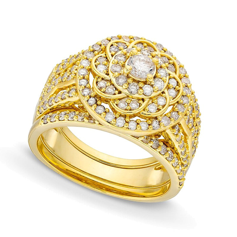 1.5 CT. TW Diamond Frame Celtic-Style Flower Bridal Set in 10K Gold
