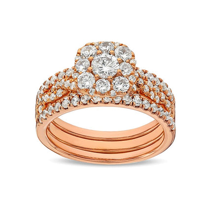 1.5 CT. TW Cushion Multi-Diamond Twist Shank Three Piece Bridal Set in 10K Rose Gold