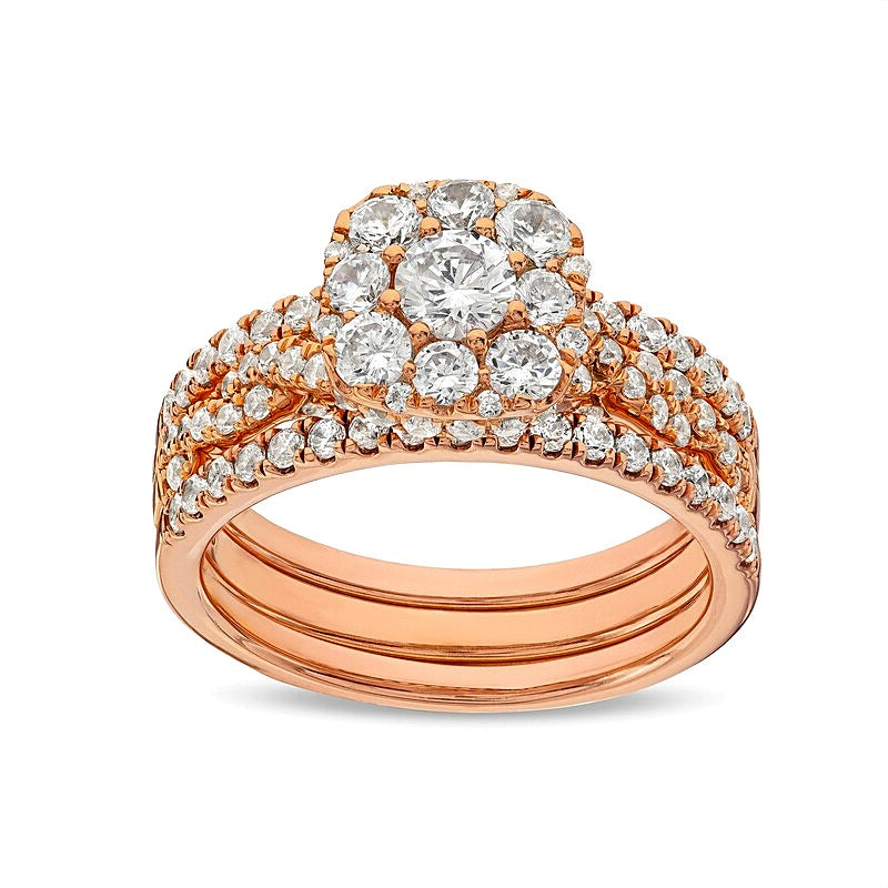 1.5 CT. TW Cushion Multi-Diamond Twist Shank Three Piece Bridal Set in 10K Rose Gold