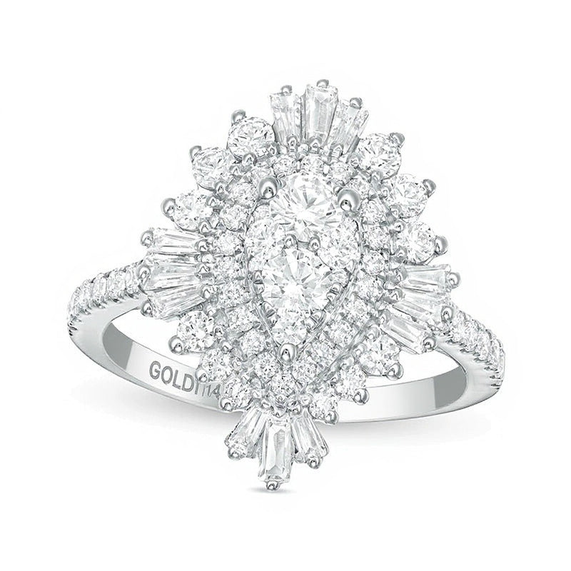 1.5 CT. TW Composite Diamond Teardrop Starburst Frame Ring in 14K White Gold