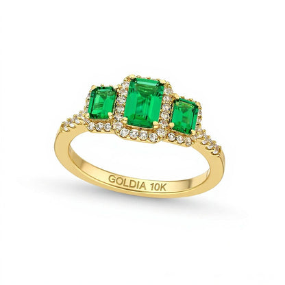 Emerald-Cut Lab-Created Emerald and 0.25 CT. TW Diamond Frame Three Stone Ring in 10K Gold