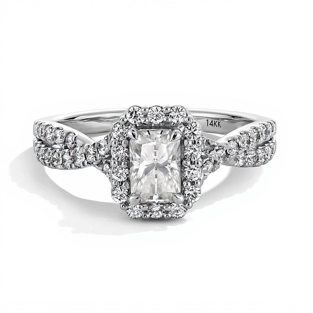 1.0 CT. TW Radiant-Cut Lab-Grown Diamond Frame Crossover Shank Engagement Ring in 14K White Gold (F/SI2)