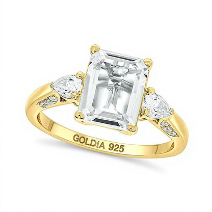 Emerald-Cut White Lab-Created Sapphire and 0.1 CT. TW Diamond Side Accent Ring in Sterling Silver and 14K Gold Plate