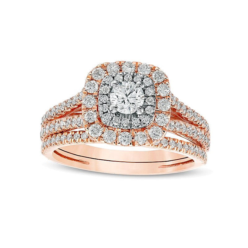 1.0 CT. TW Diamond Double Cushion-Shaped Frame Multi-Row Bridal Set in 10K Rose Gold