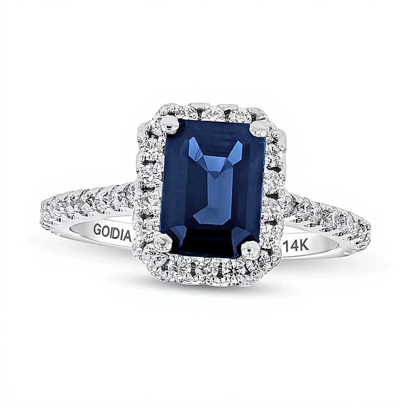 Emerald-Cut Blue Sapphire and 0.38 CT. TW Diamond Frame Ring in 14K White Gold