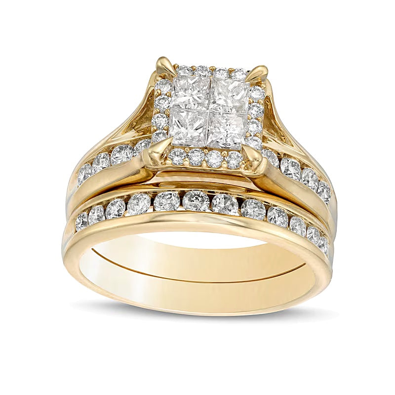 1.5 CT. TW Princess-Cut Quad Diamond Frame Bridal Set in 14K Gold