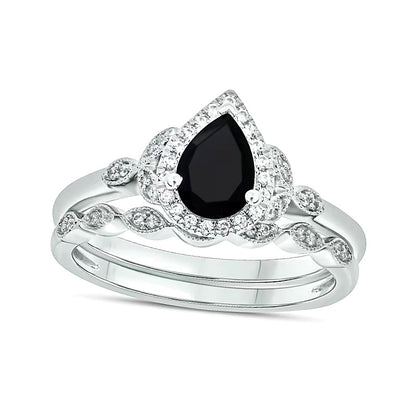 Pear-Shaped Black Sapphire and 0.17 CT. TW Diamond Frame Leaf-Sides Vintage-Style Bridal Set in 10K White Gold
