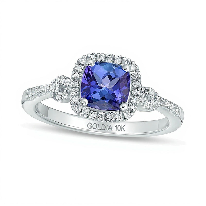 6.0mm Cushion-Cut Tanzanite and 0.17 CT. TW Diamond Frame Buckle Ring in 10K White Gold
