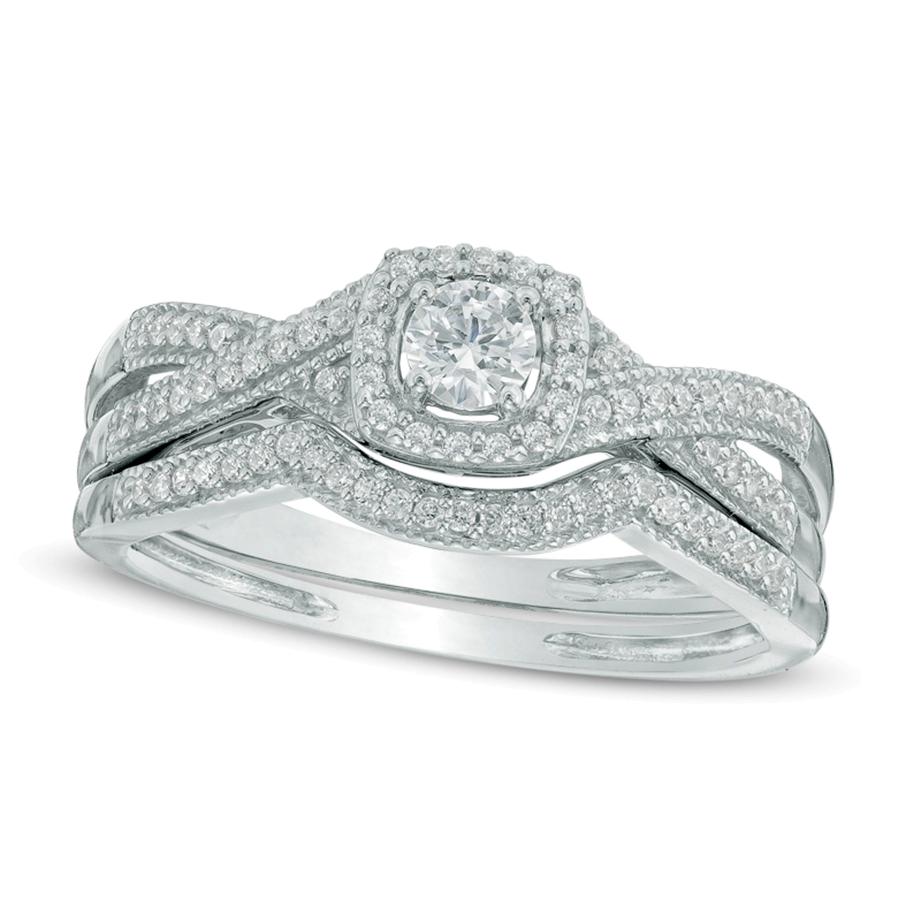 0.33 CT. TW Diamond Cushion Frame Twisted Shank Bridal Set in 10K White Gold