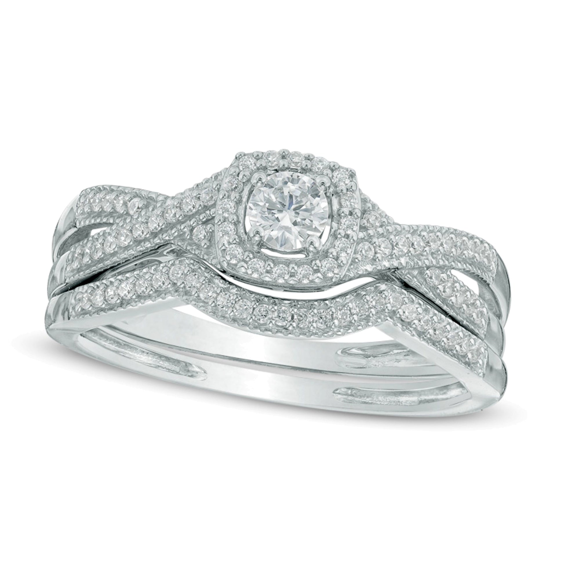 0.33 CT. TW Diamond Cushion Frame Twisted Shank Bridal Set in 10K White Gold