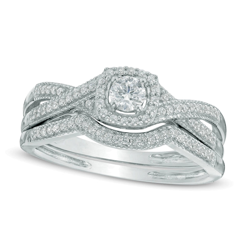 0.33 CT. TW Diamond Cushion Frame Twisted Shank Bridal Set in 10K White Gold