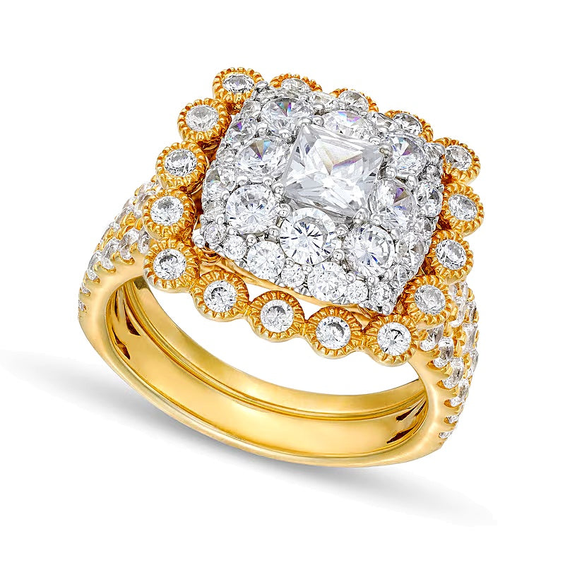 2.75 CT. TW Cushion Multi-Diamond Bubble Frame Vintage-Style Bridal Set in 10K Gold