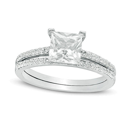 6.0mm Princess-Cut White Lab-Created Sapphire and 0.2 CT. TW Diamond Bridal Set in 10K White Gold
