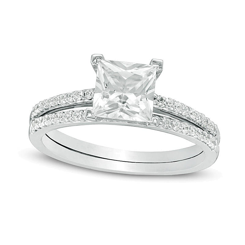 6.0mm Princess-Cut White Lab-Created Sapphire and 0.2 CT. TW Diamond Bridal Set in 10K White Gold