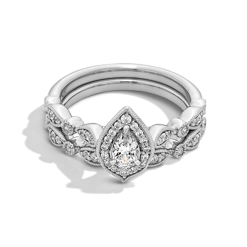 0.63 CT. TW Pear-Shaped Diamond Frame Art Deco Vintage-Style Bridal Set in 14K White Gold