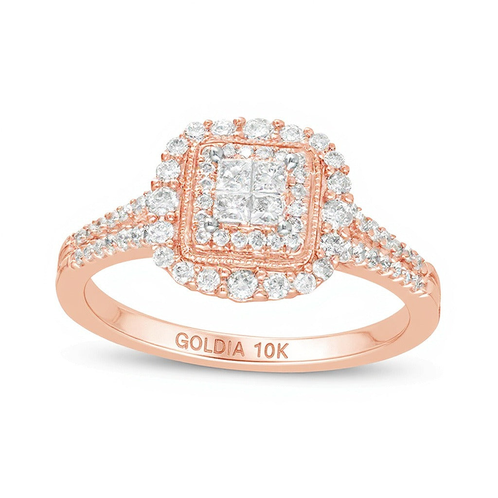 0.5 CT. TW Princess-Cut Quad Diamond Square Frame Vintage-Style Engagement Ring in 10K Rose Gold