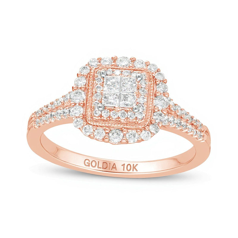 0.5 CT. TW Princess-Cut Quad Diamond Square Frame Vintage-Style Engagement Ring in 10K Rose Gold