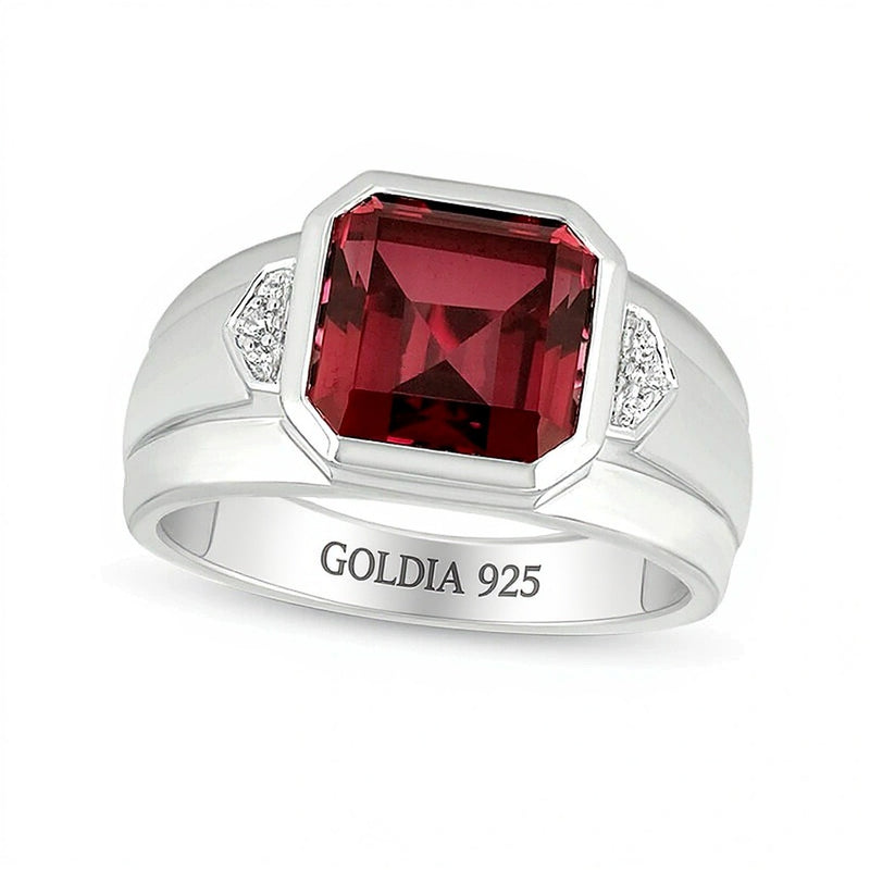 10.0mm Radiant-Cut Lab-Created Ruby and Diamond Accent Raised Collar Ring in Sterling Silver