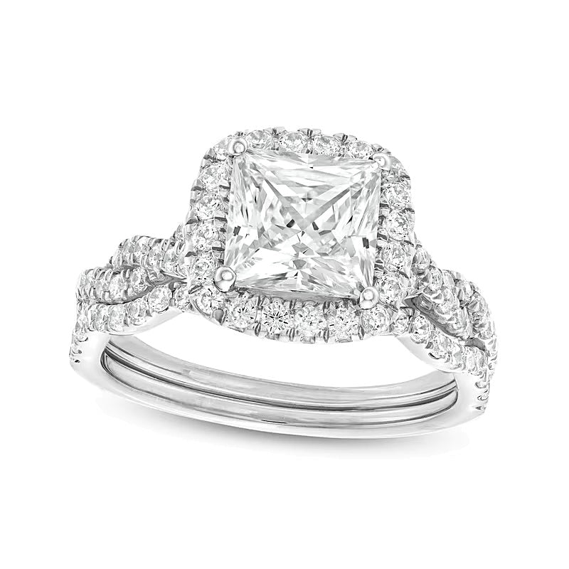 2.63 CT. TW Princess-Cut Lab-Grown Diamond Cushion Frame Twist Bridal Set in 14K White Gold (I/SI2)