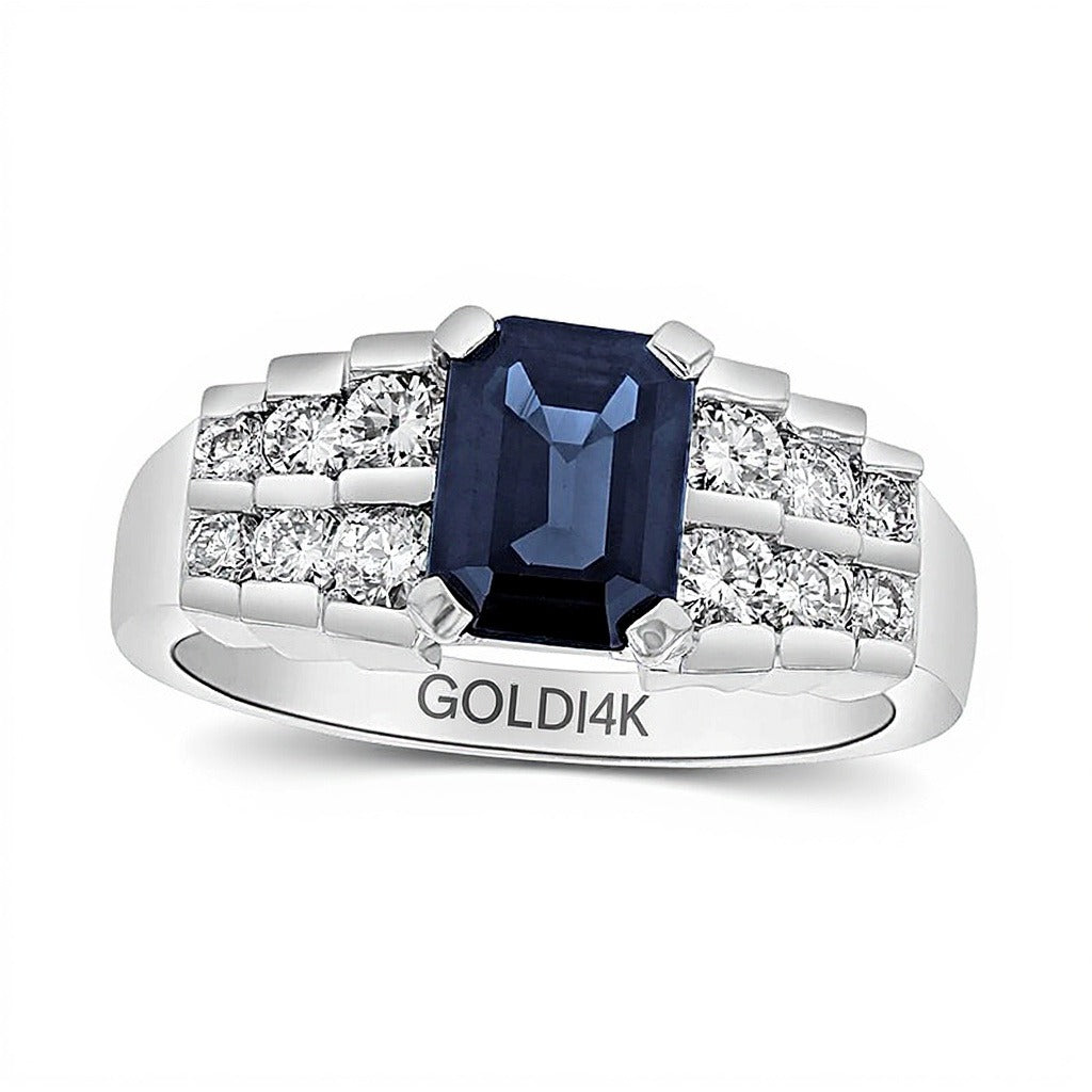 Emerald-Cut Blue Sapphire and 0.63 CT. TW Diamond Staggered Double Row Ring in 14K White Gold