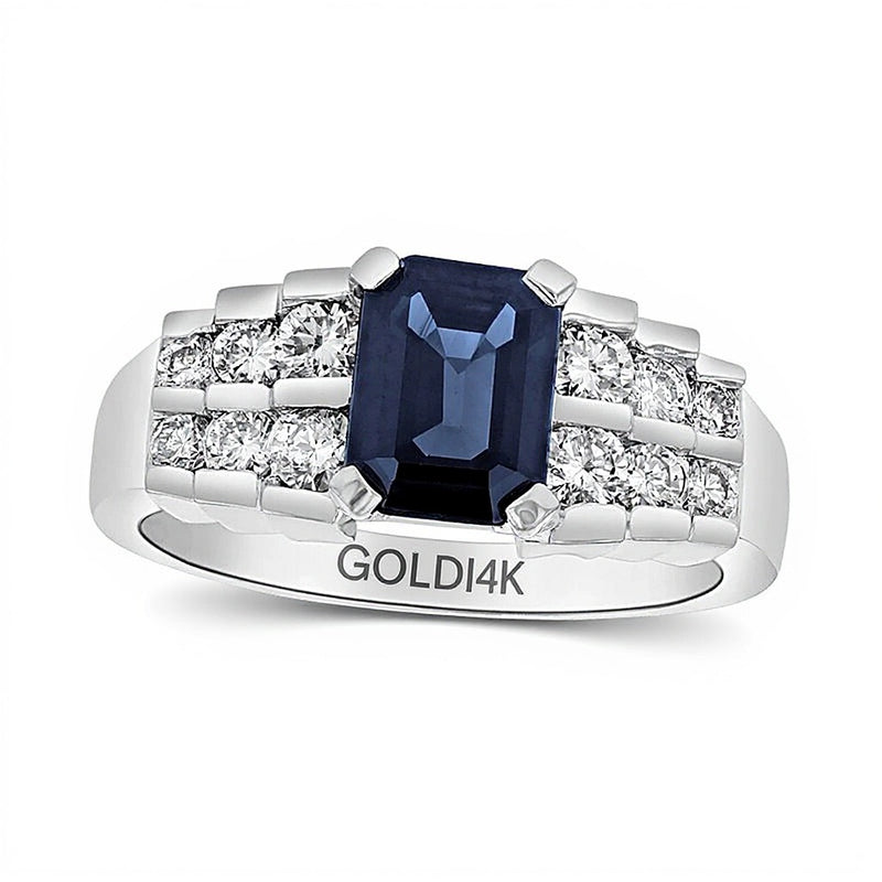Emerald-Cut Blue Sapphire and 0.63 CT. TW Diamond Staggered Double Row Ring in 14K White Gold