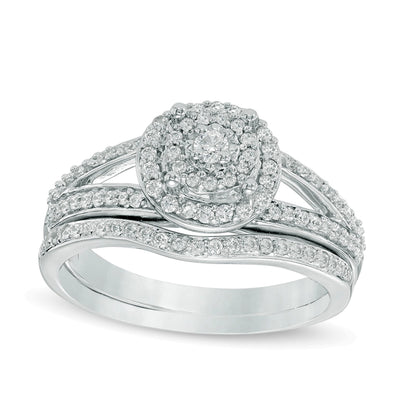 0.5 CT. TW Composite Diamond Double Frame Split Shank Bridal Set in 10K White Gold
