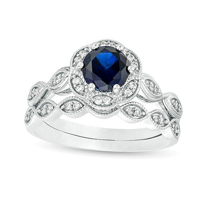 6.0mm Lab-Created Blue Sapphire and 0.2 CT. TW Diamond Frame Bridal Set in 10K White Gold