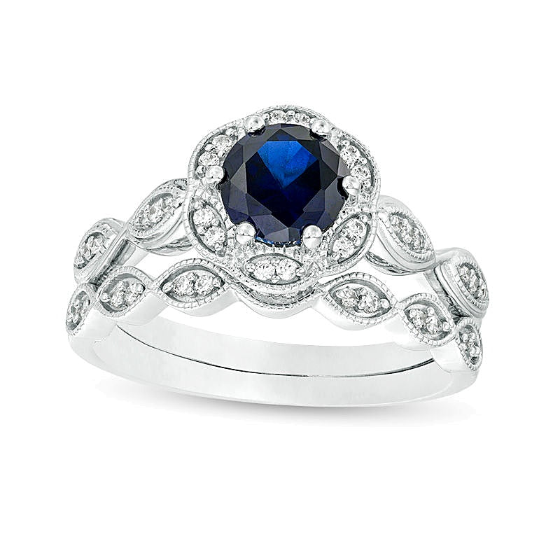 6.0mm Lab-Created Blue Sapphire and 0.2 CT. TW Diamond Frame Bridal Set in 10K White Gold